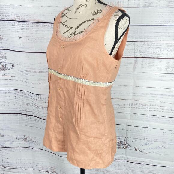 Nikki Valenti Top Women 6 Sleeveless Ruffle Scoop Neck Button Pleat Irish Linen - Picture 7 of 12